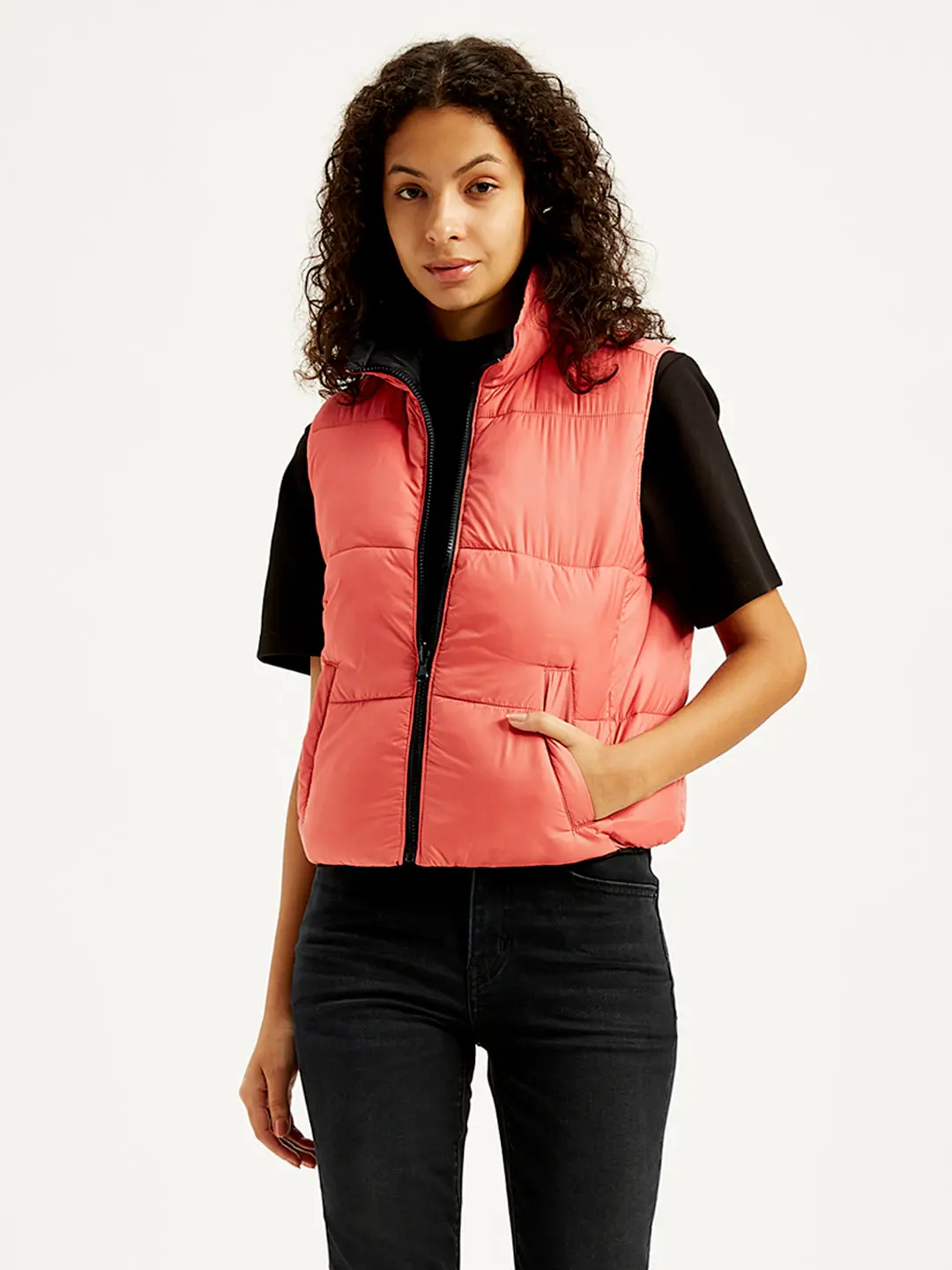 Women's Quilted Peach High Neck Puffer Jacket 5