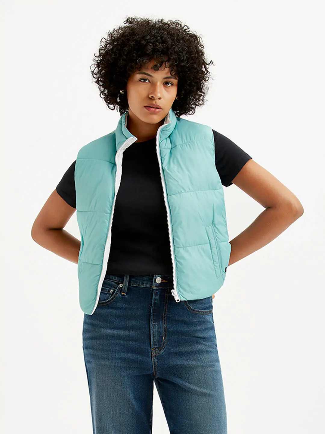 Women's Quilted Light-Blue High Neck Puffer Jacket 1