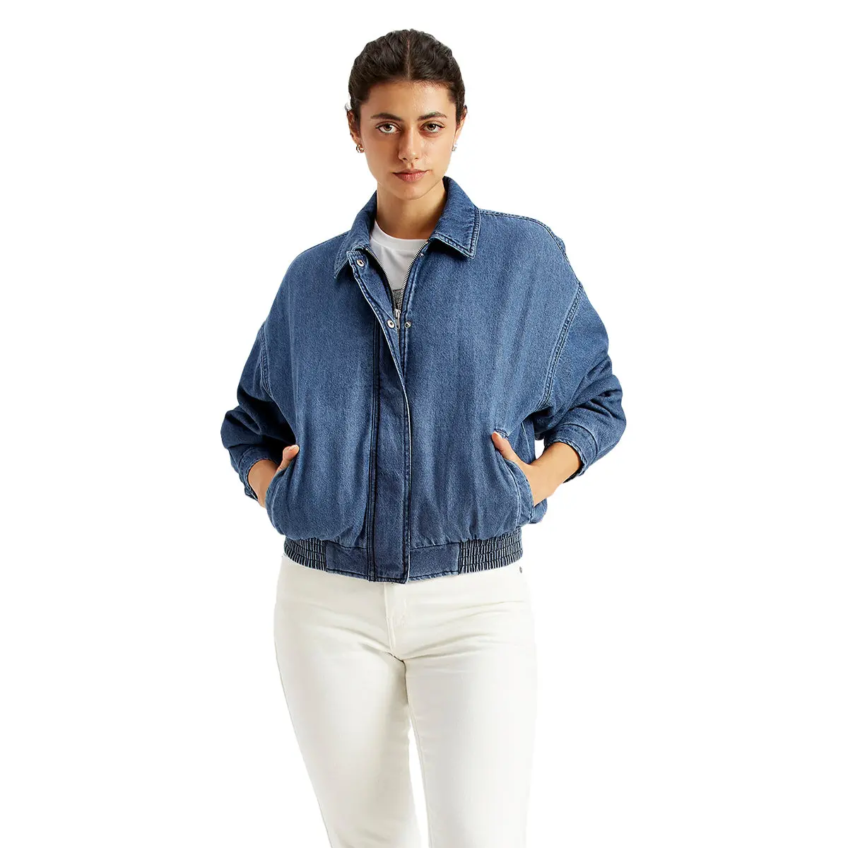 Women's Solid Blue Spread Collar Jacket 1