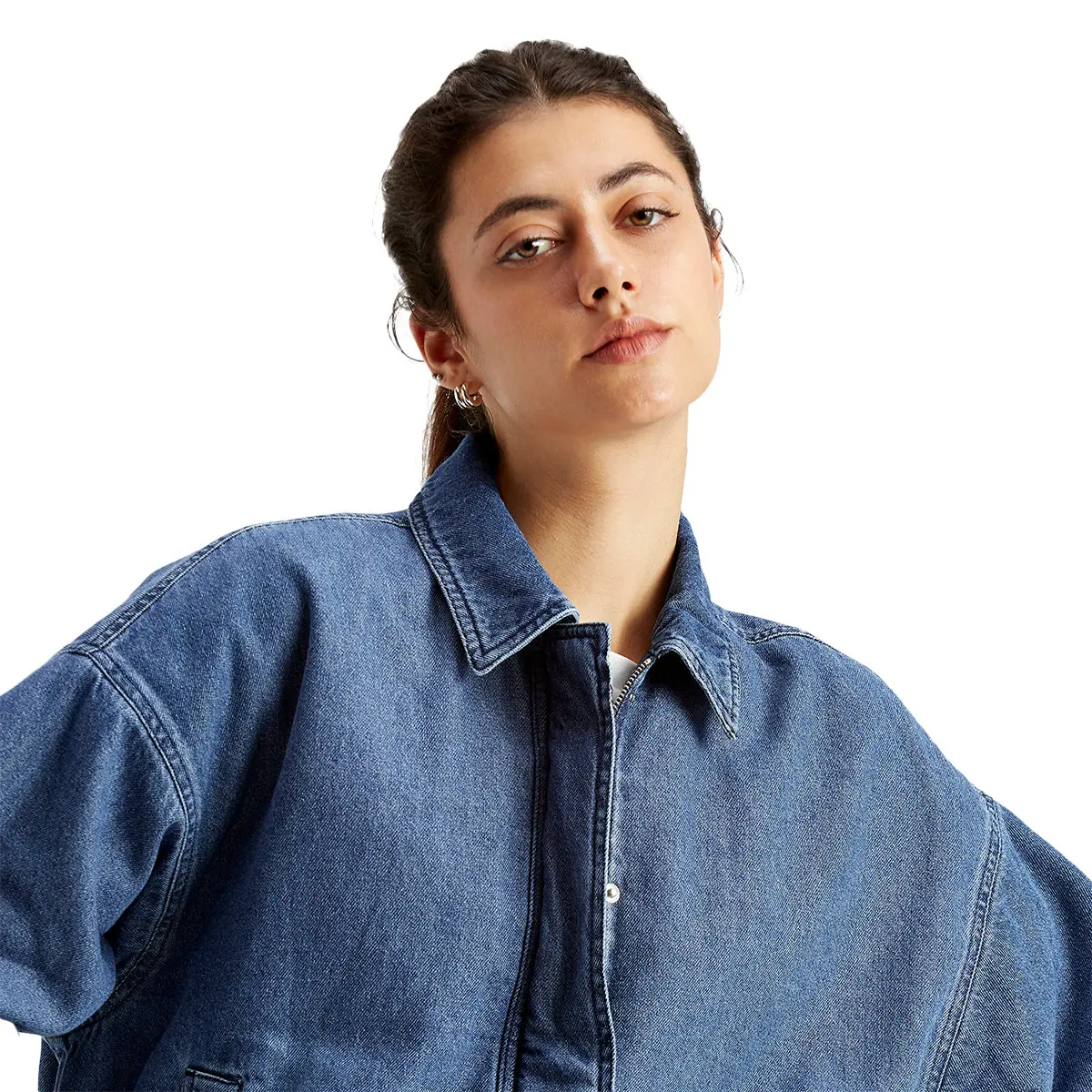 Women's Solid Blue Spread Collar Jacket 4