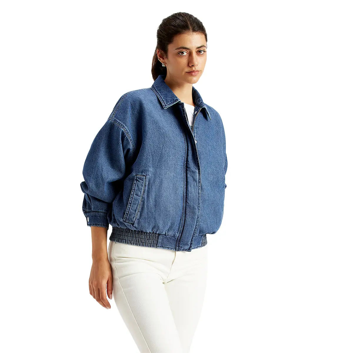 Women's Solid Blue Spread Collar Jacket 3