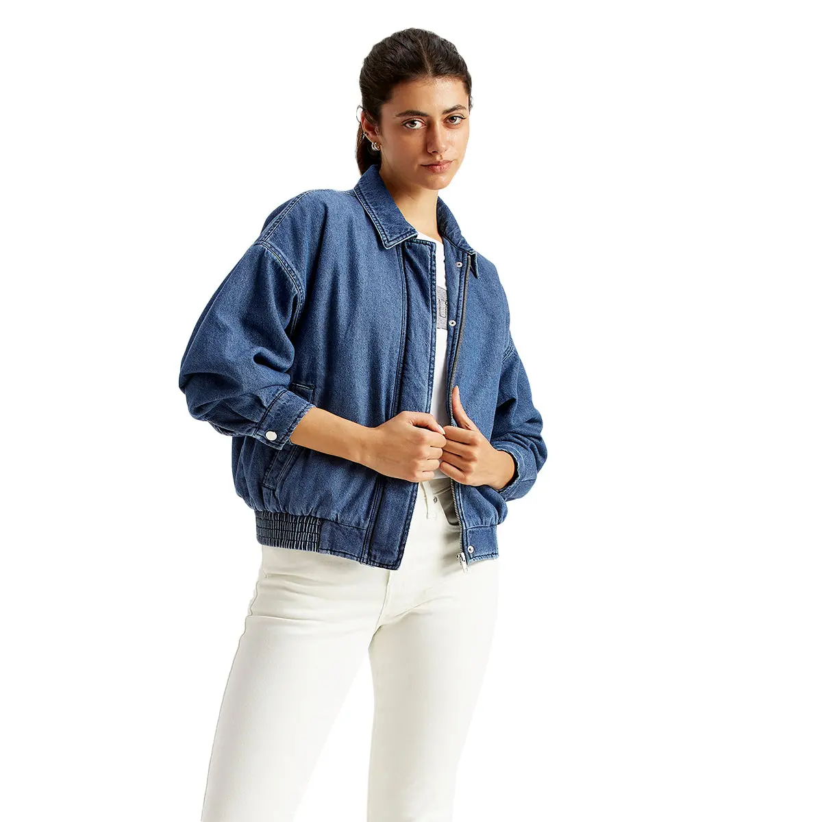 Women's Solid Blue Spread Collar Jacket 5