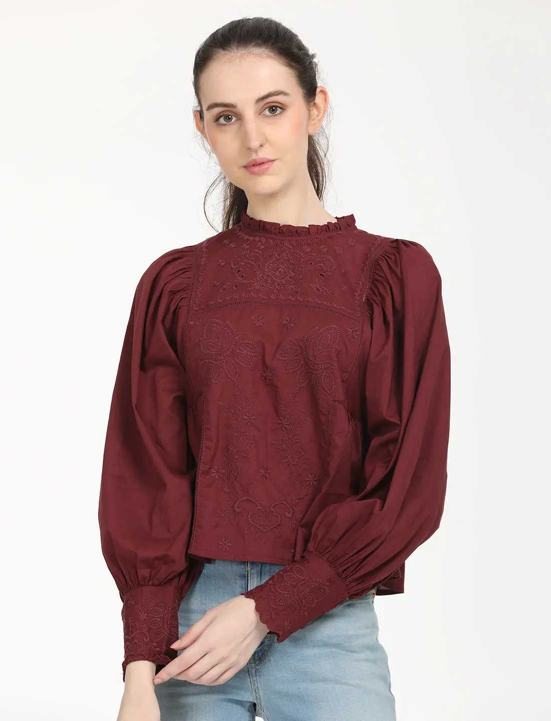 Women's Self Design Maroon High Neck Top 1