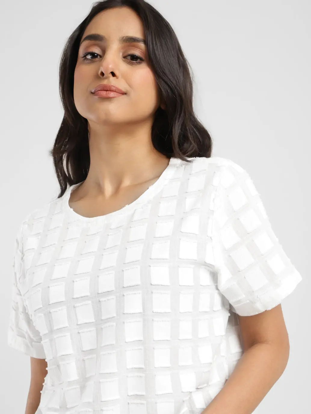 Women's Checked White Round Neck Top 1