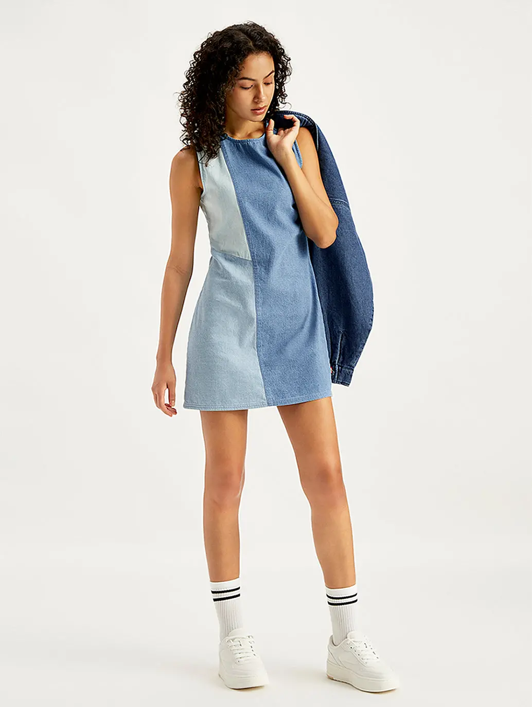 Women's Colorblock Blue Round Neck Mini Denim Dress 1