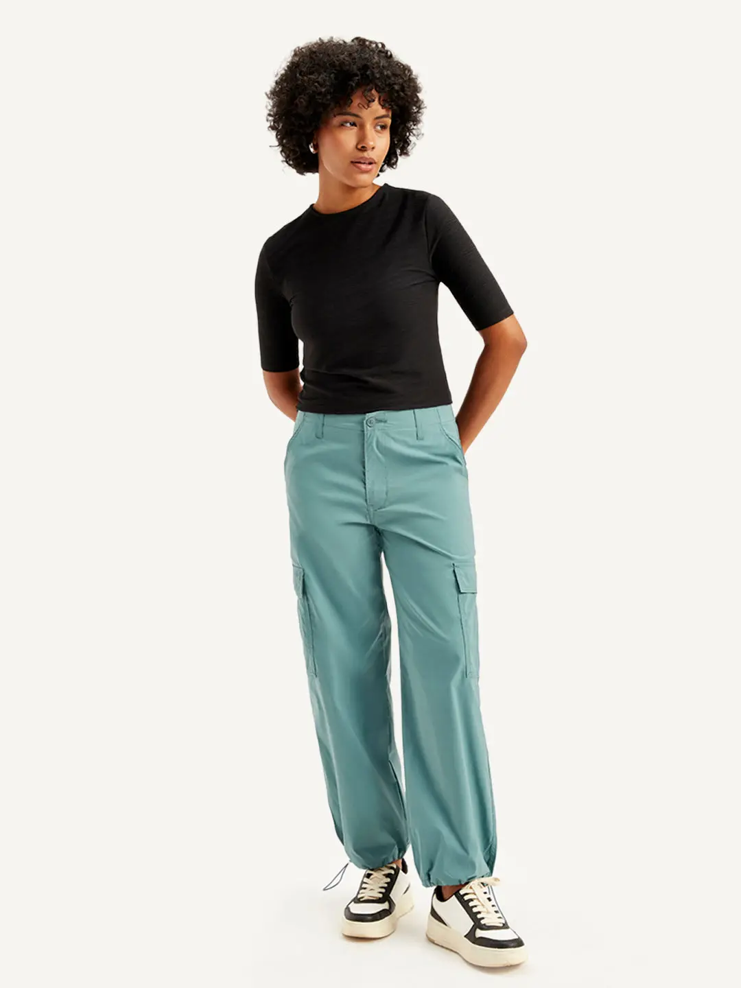 Women's Mid Rise Green Baggy Fit Cargo Trousers 1