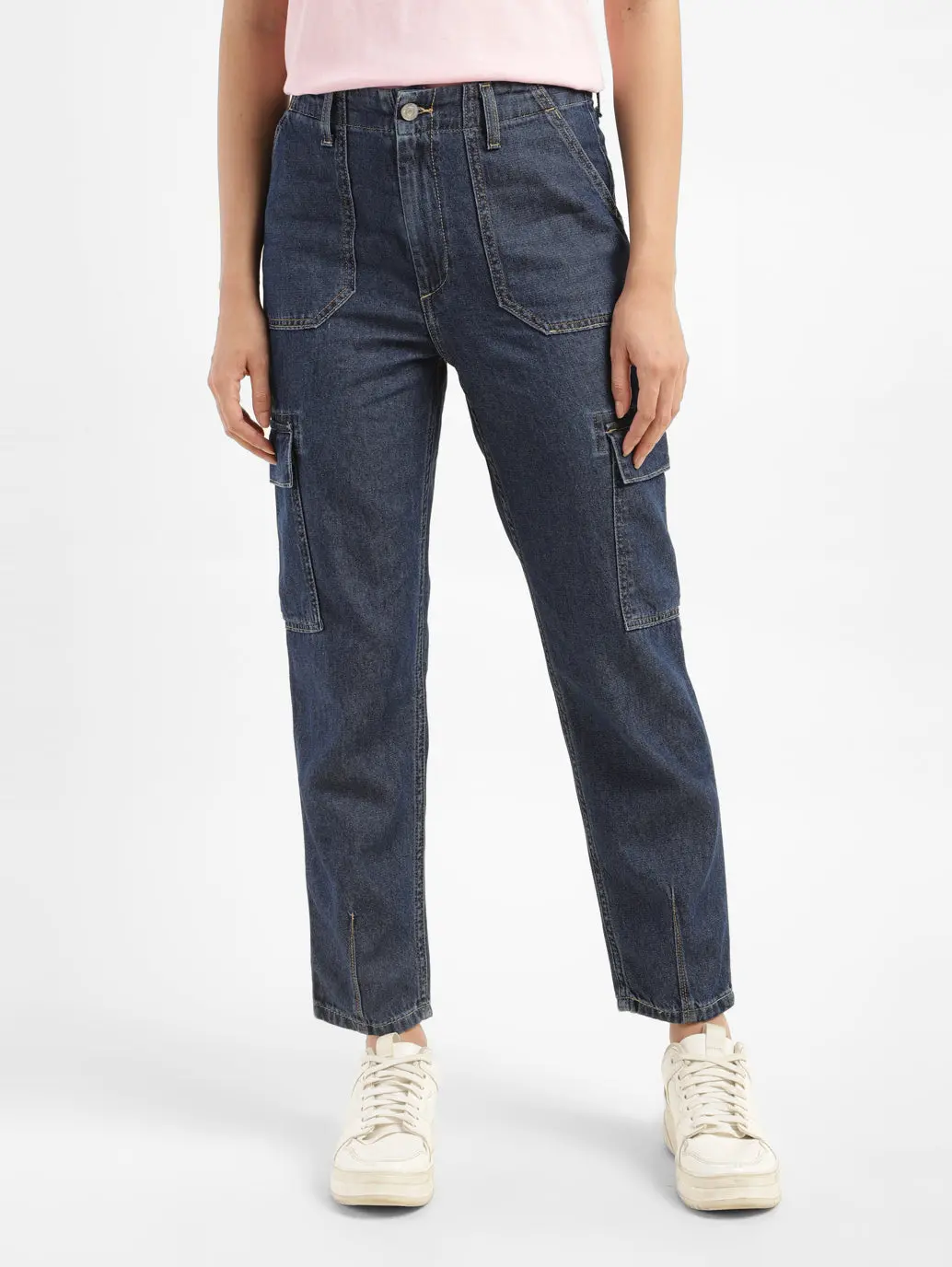 Women's Mid Rise Navy Cargo Jeans 7