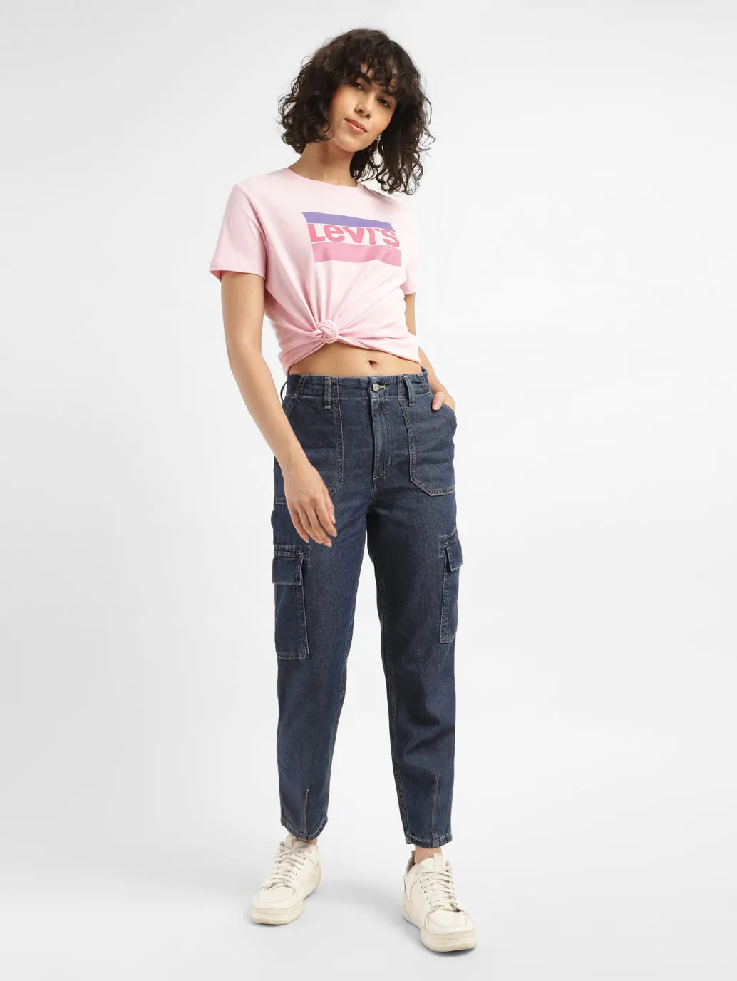 Women's Mid Rise Navy Cargo Jeans 1