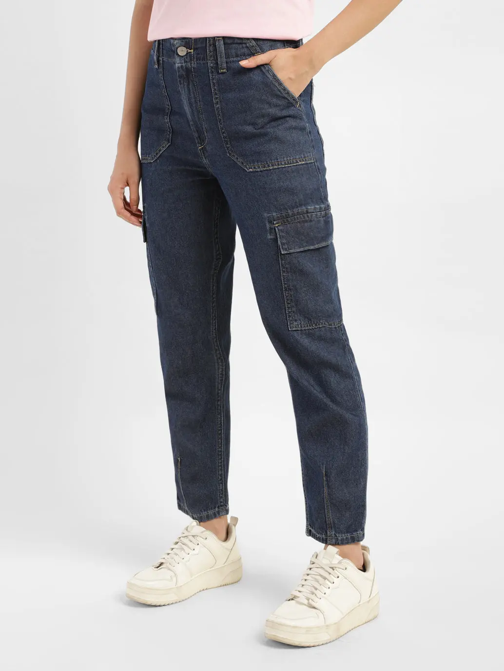 Women's Mid Rise Navy Cargo Jeans 3