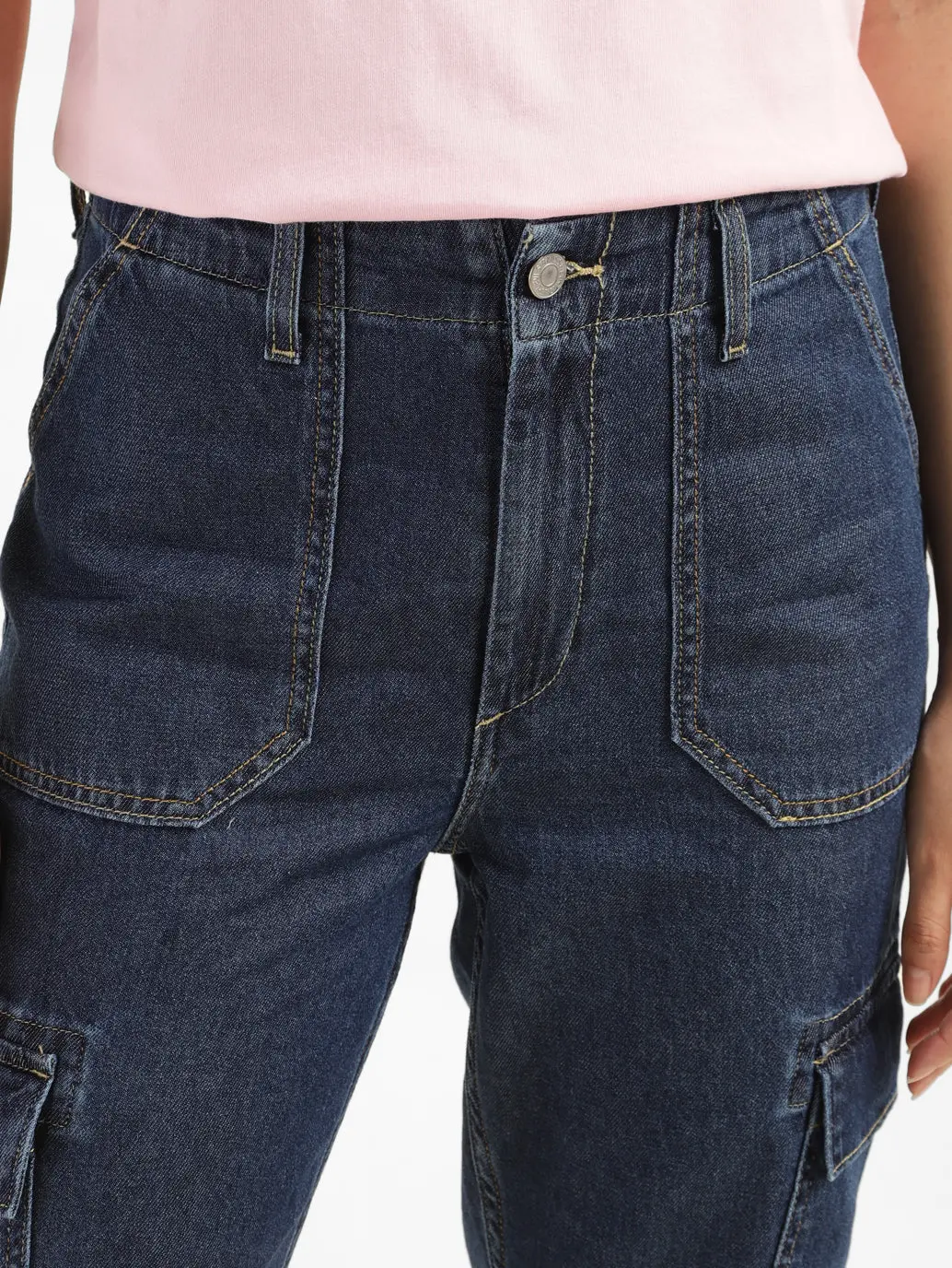 Women's Mid Rise Navy Cargo Jeans 4