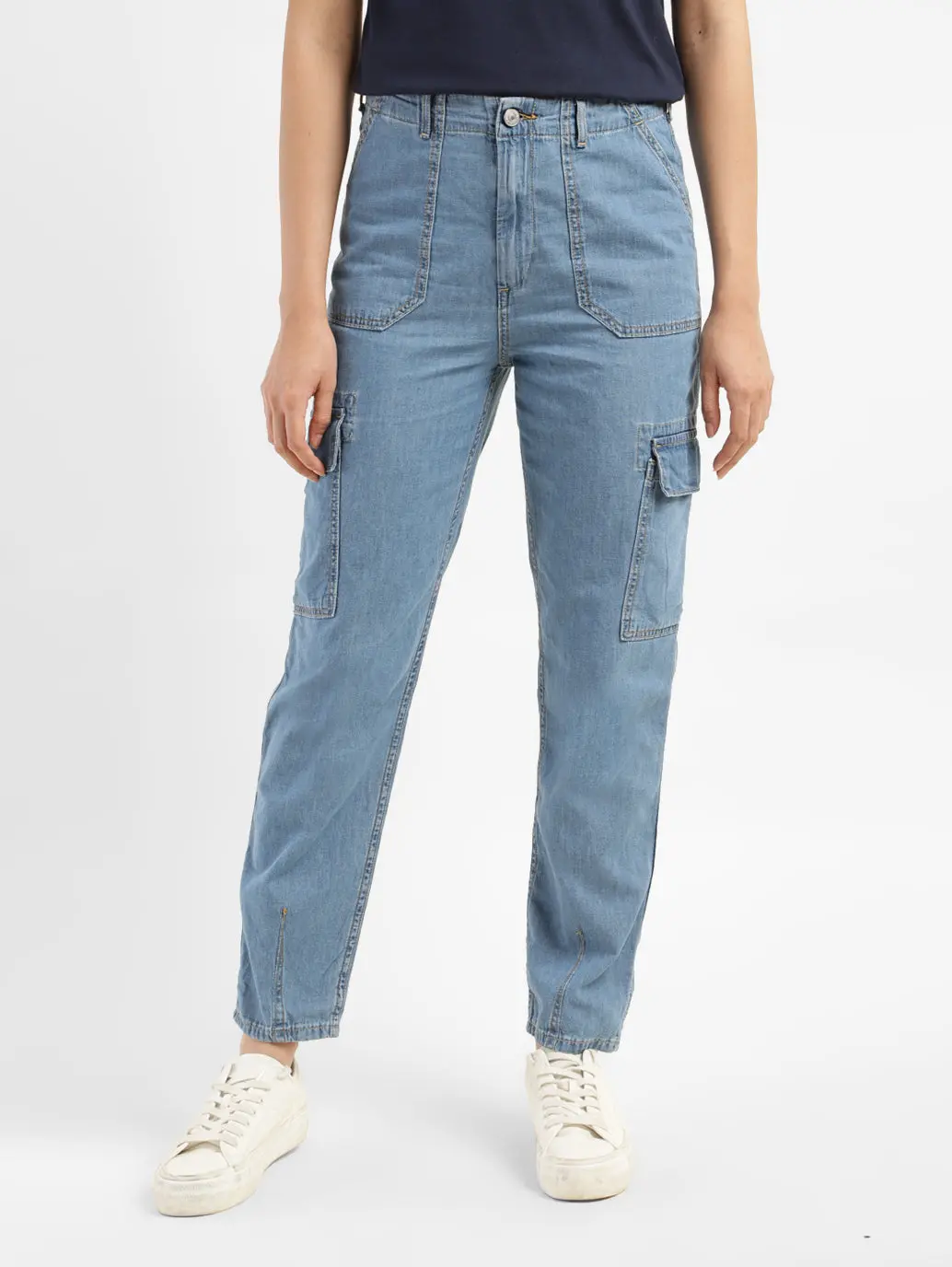 Women's Mid Rise Blue Cargo Jeans 1