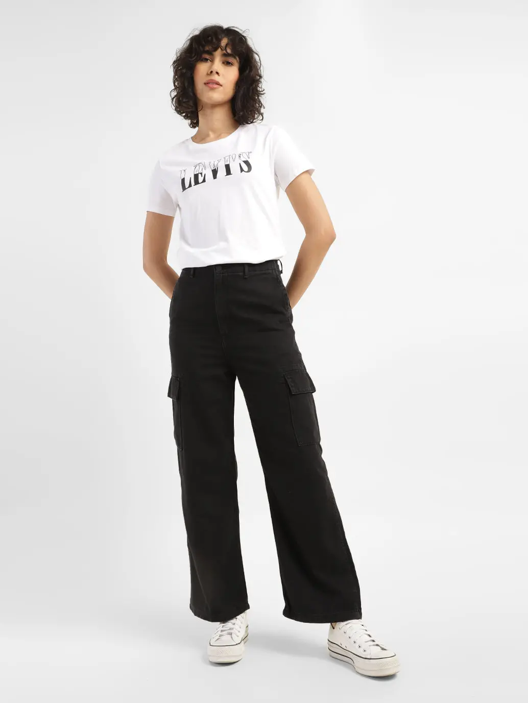 Women's High Rise Black Loose Fit Cargo Jeans 1