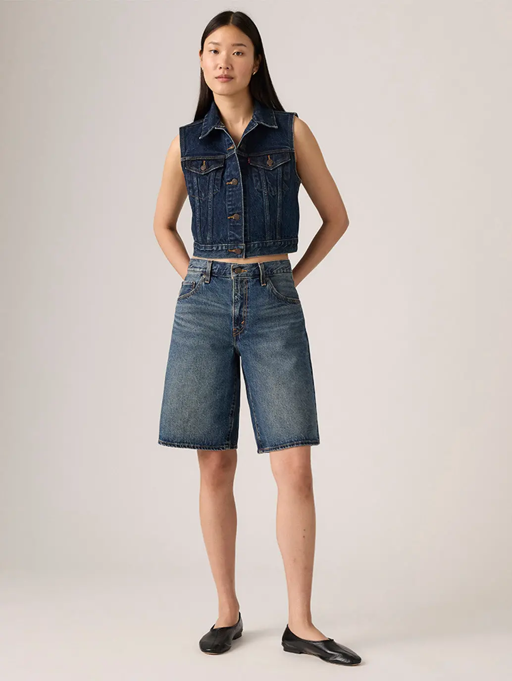 Women's Tinted Mid Rise Dark Indigo Baggy Fit Shorts 1