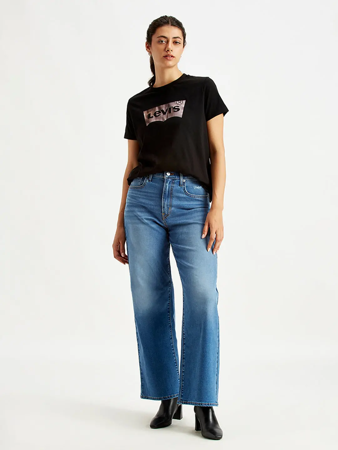 Women's Blue Wide Leg Fit High Rise Jeans 1