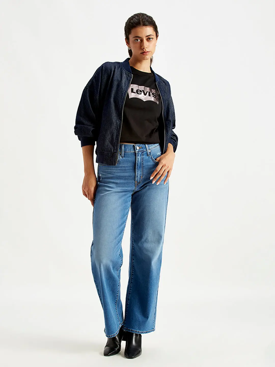 Women's Blue Wide Leg Fit High Rise Jeans 5