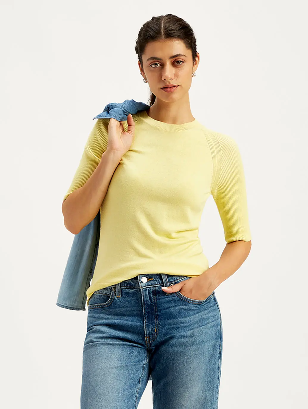 Women's Solid Yellow Crew Neck Sweater 1