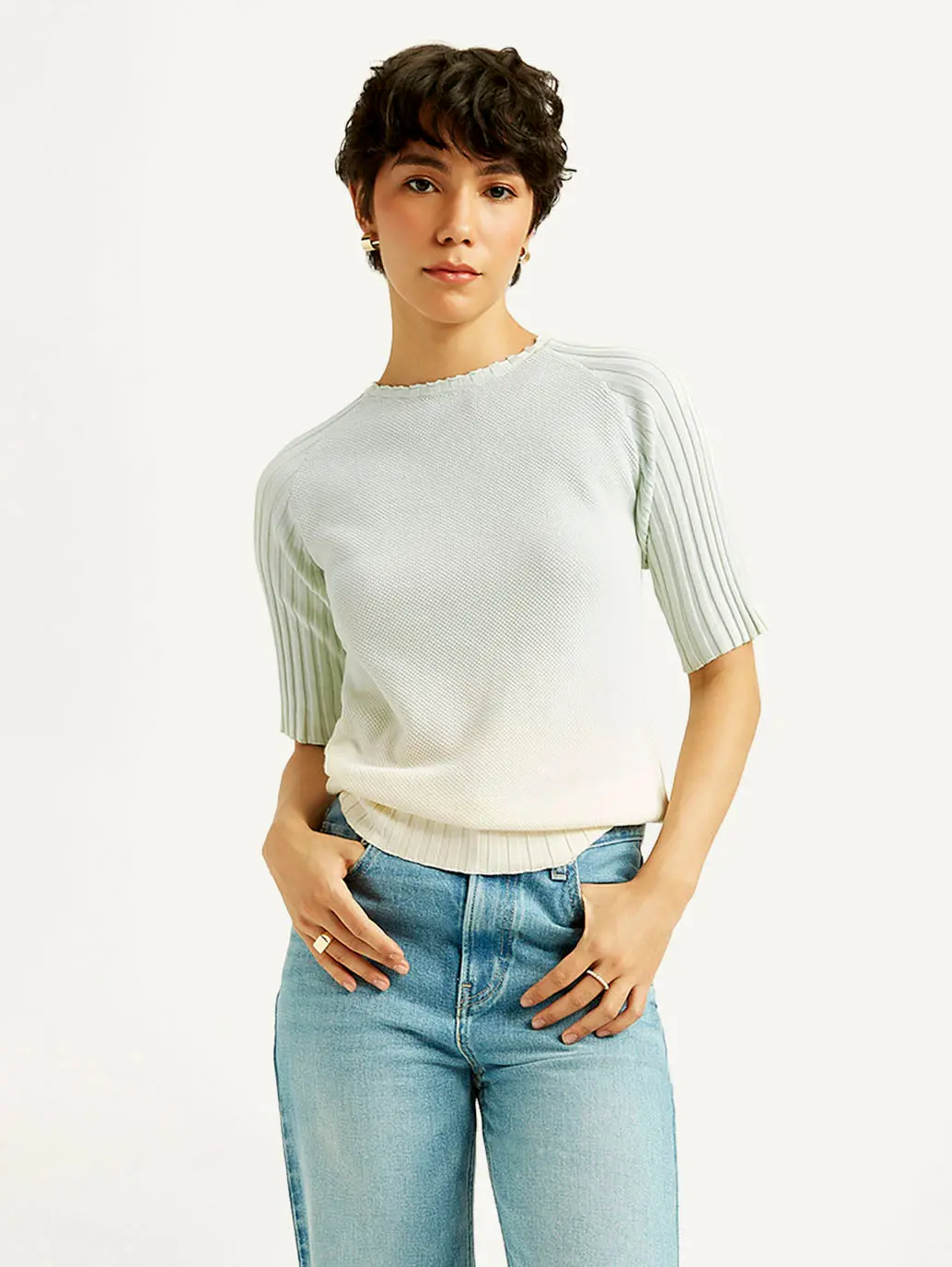 Women's Ombre Light Blue Boat Neck Top 1