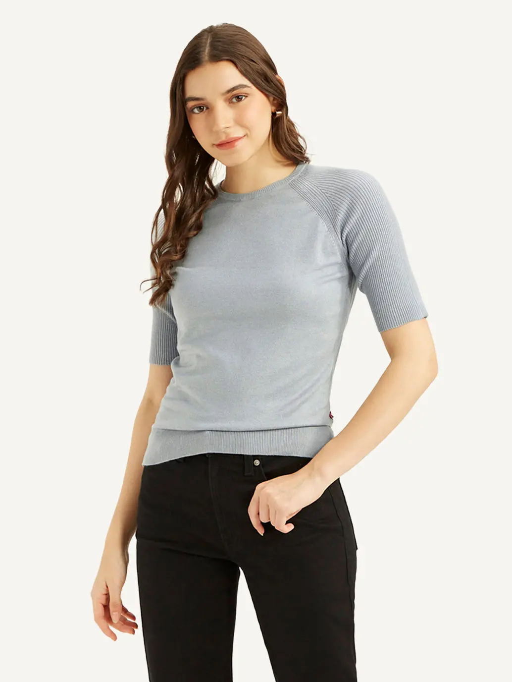 Women's Solid Greyish-Blue Crew Neck Top 1