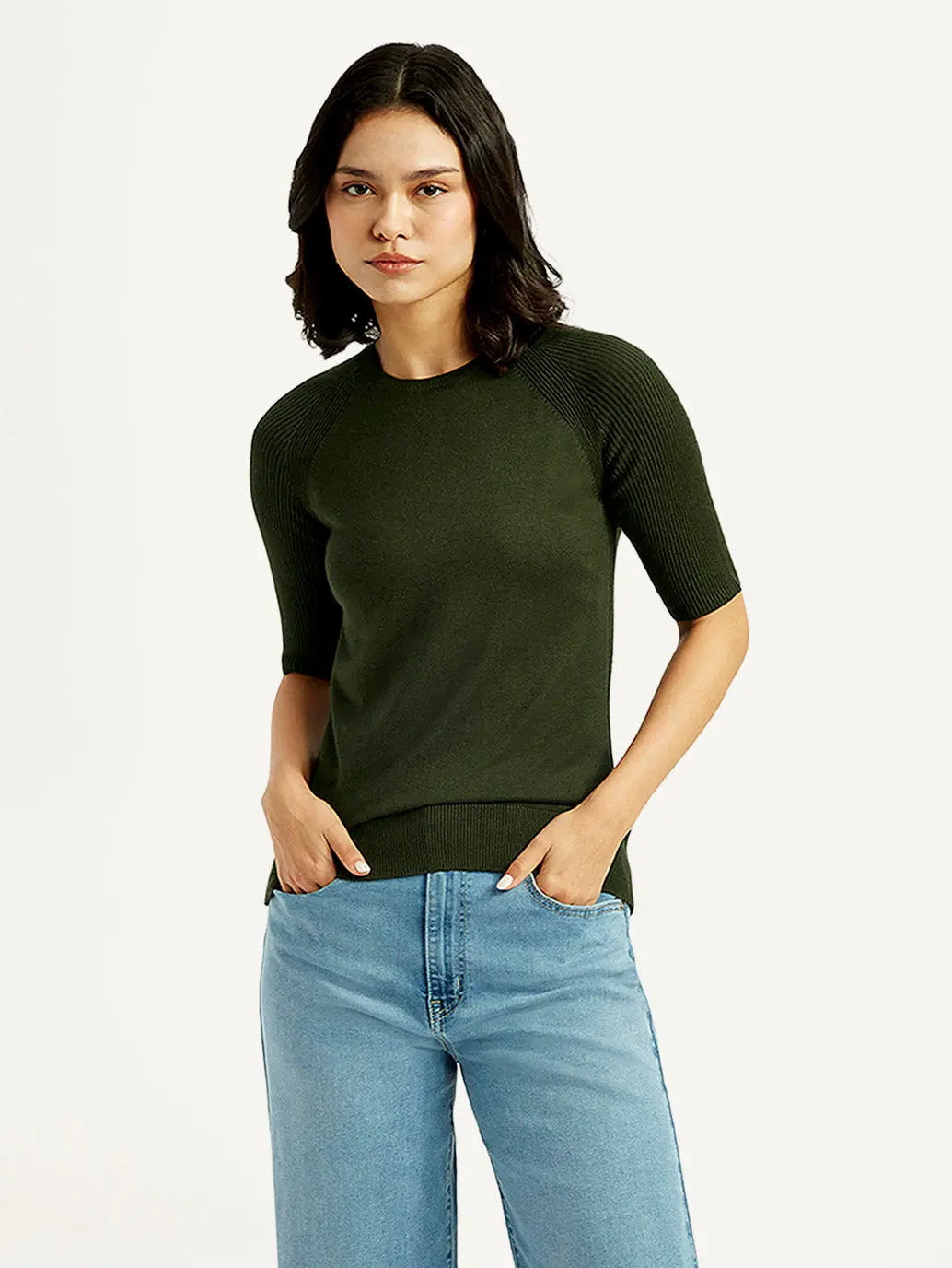 Women's Solid Dark Green Crew Neck Top 1