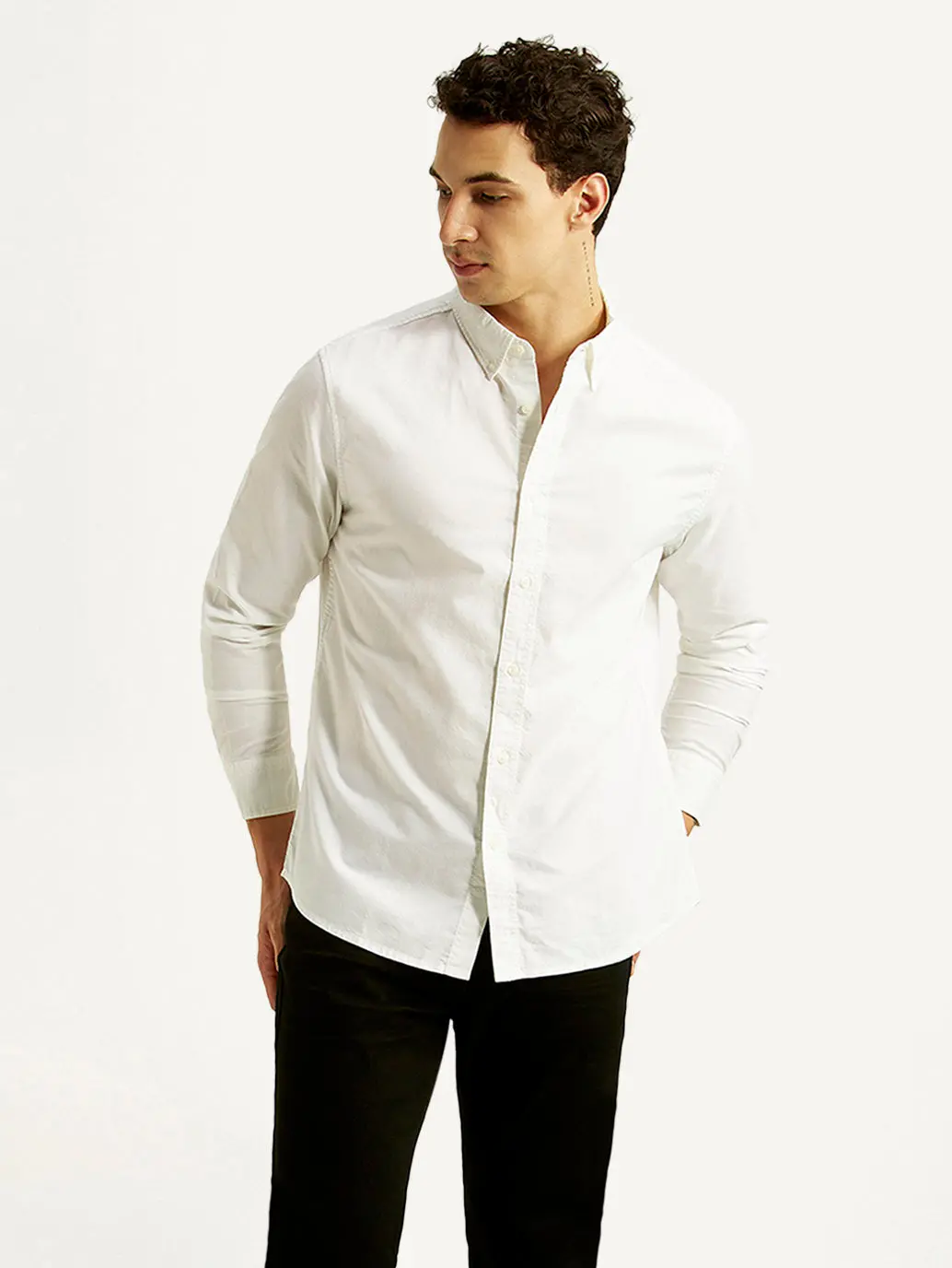 Men's Solid White Slim Fit Oxford Shirt 1