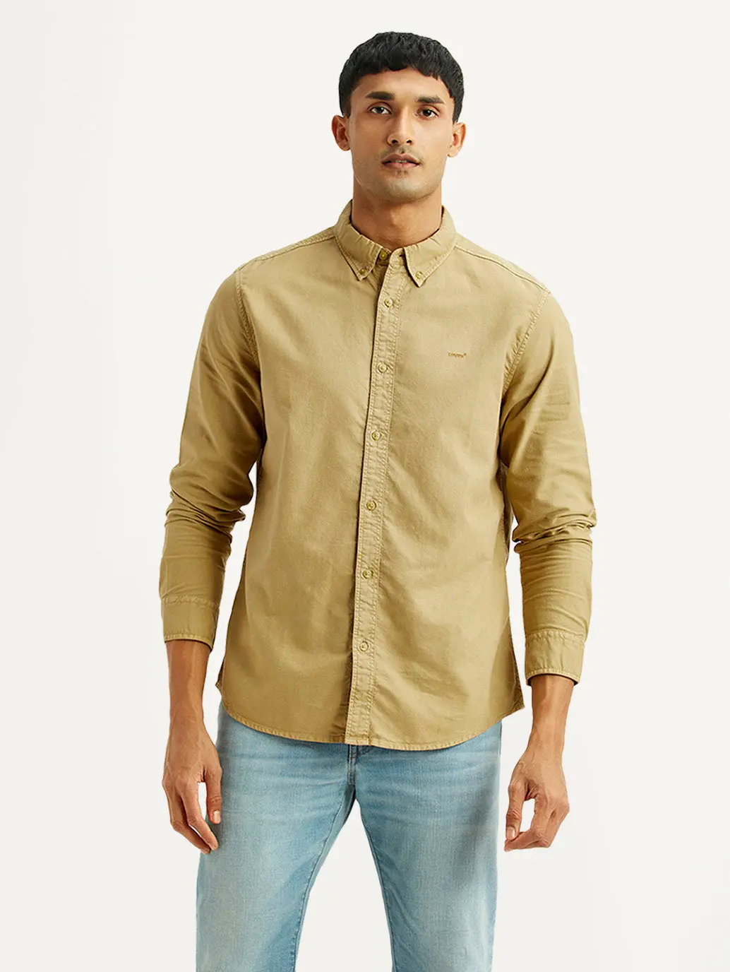 Men's Solid Beige Slim Fit Oxford Shirt 1