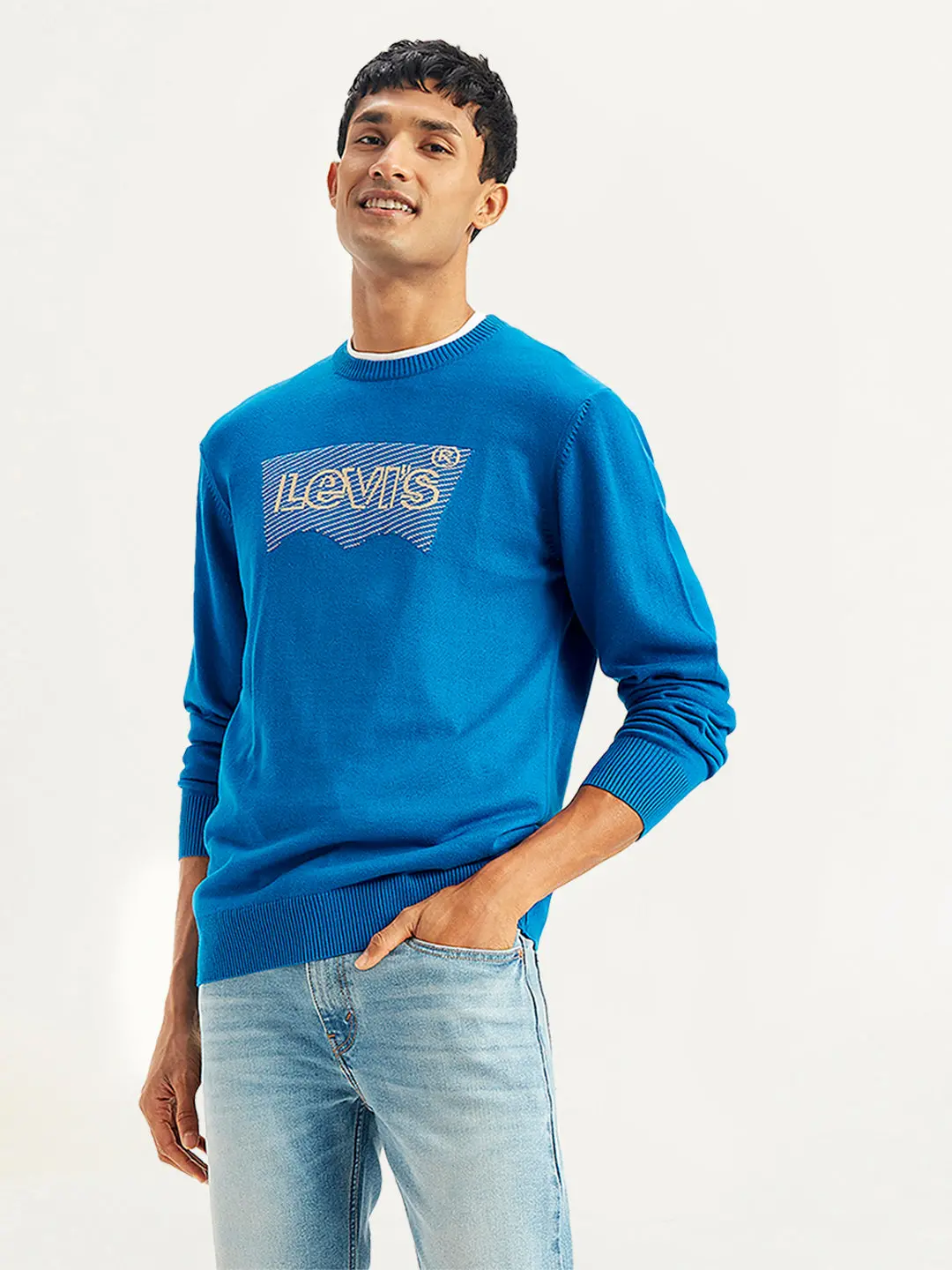 Men's Brand Logo Blue Crew Neck Sweater 1
