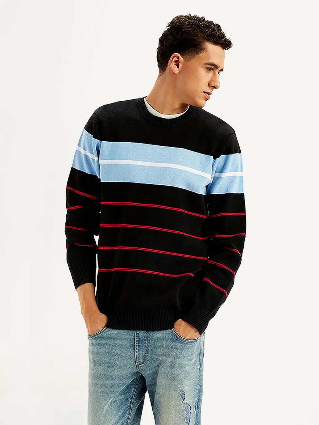 Men's Striped Black Crew Neck Sweater 1