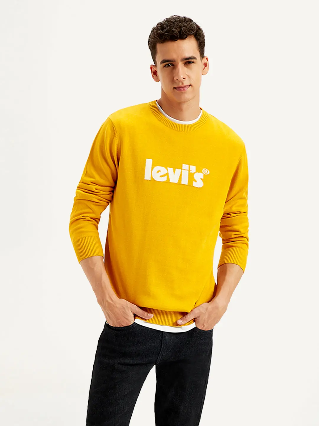 Men's Brand Logo Yellow Crew Neck Sweater 1