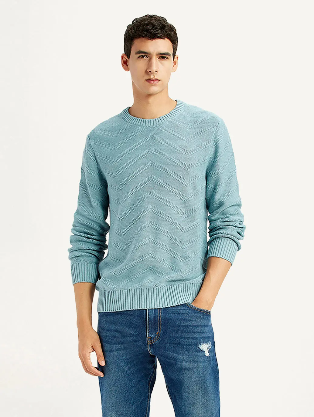 Men's Chevron Light Blue Crew Neck Sweater 1