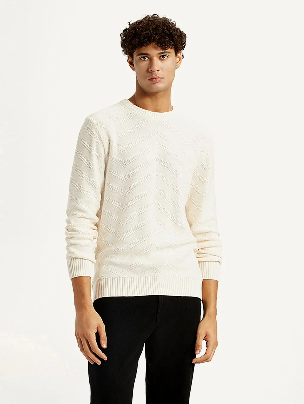 Men's Self Design Off White Crew Neck Sweater 1