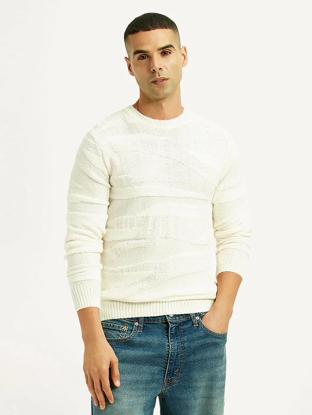 Men's Textured Off White Crew Neck Sweater 1