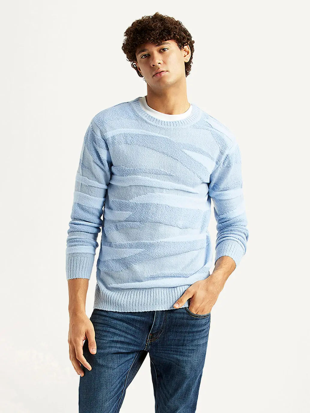 Men's Abstract Light Blue Crew Neck Sweater 1
