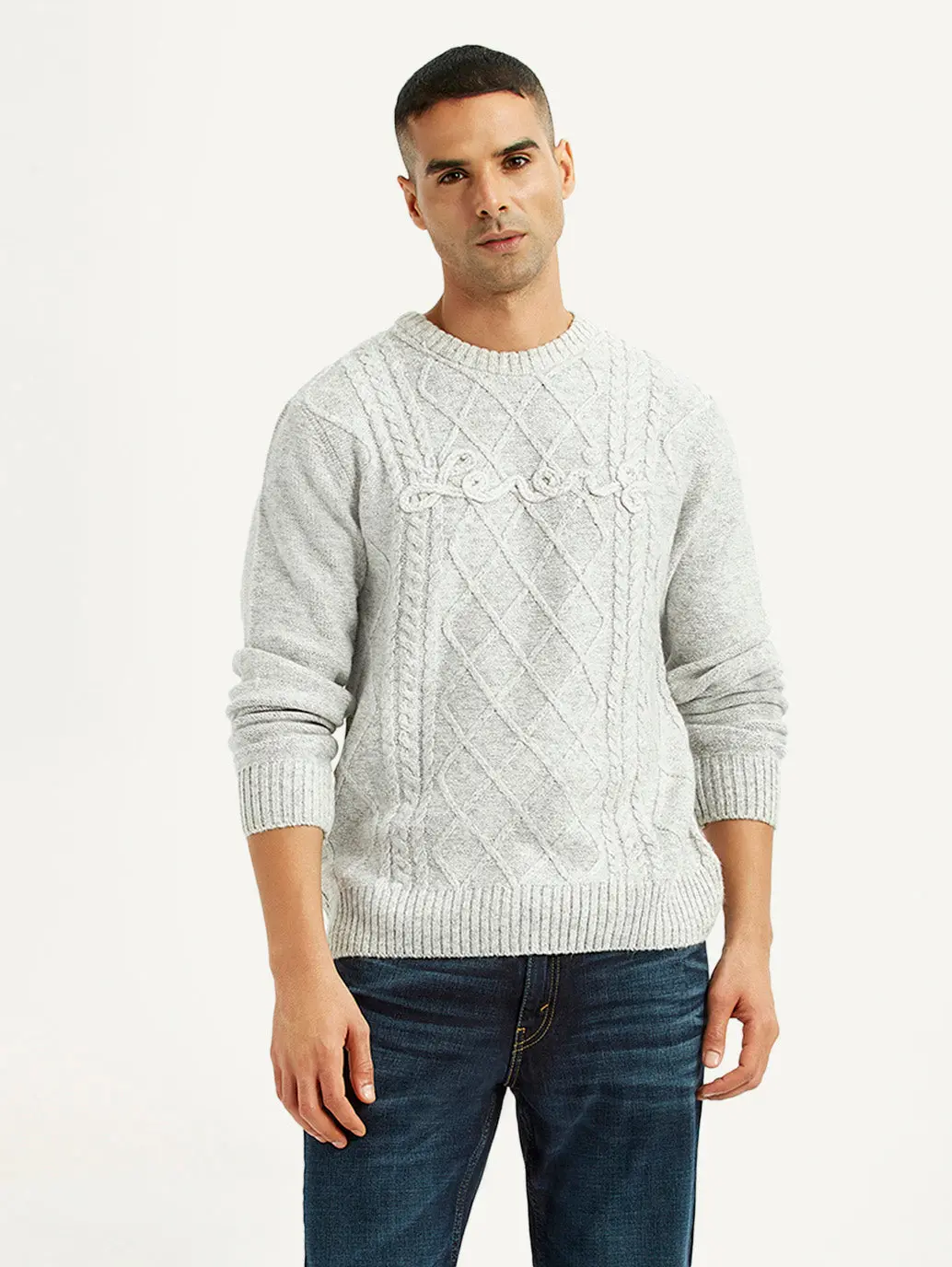 Men's Jacquard Light Grey Crew Neck Sweater 1