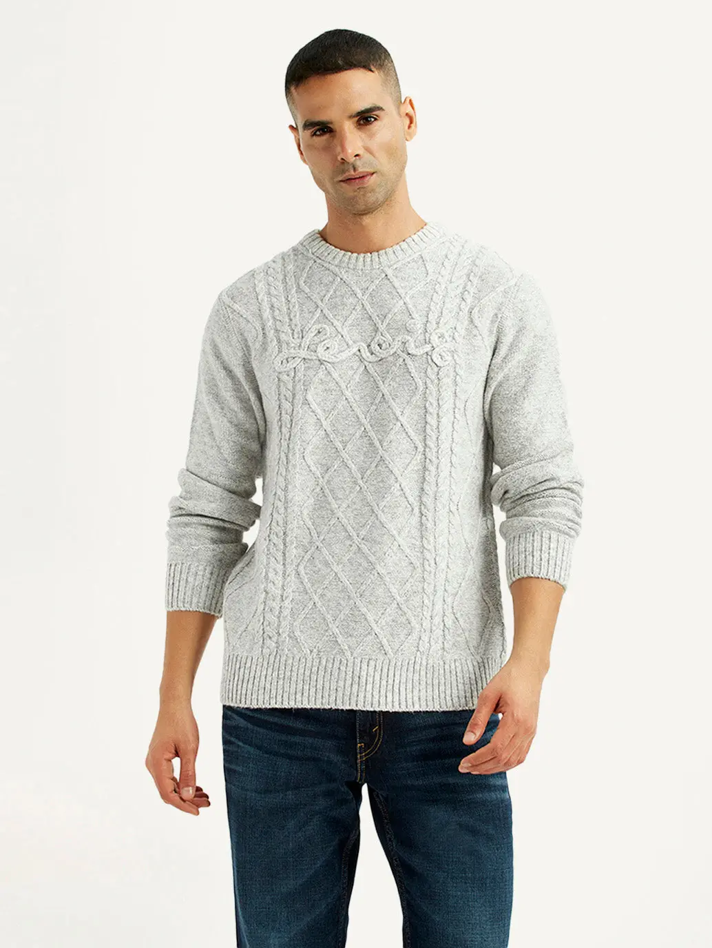 Men's Jacquard Light Grey Crew Neck Sweater 5