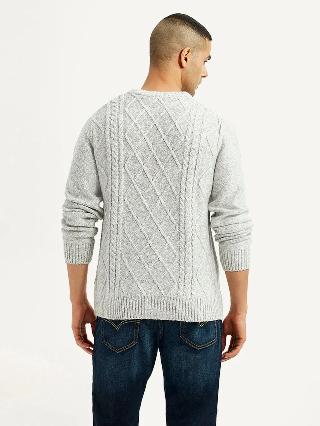 Men's Jacquard Light Grey Crew Neck Sweater 2