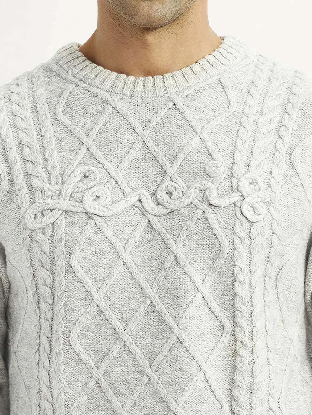 Men's Jacquard Light Grey Crew Neck Sweater 3