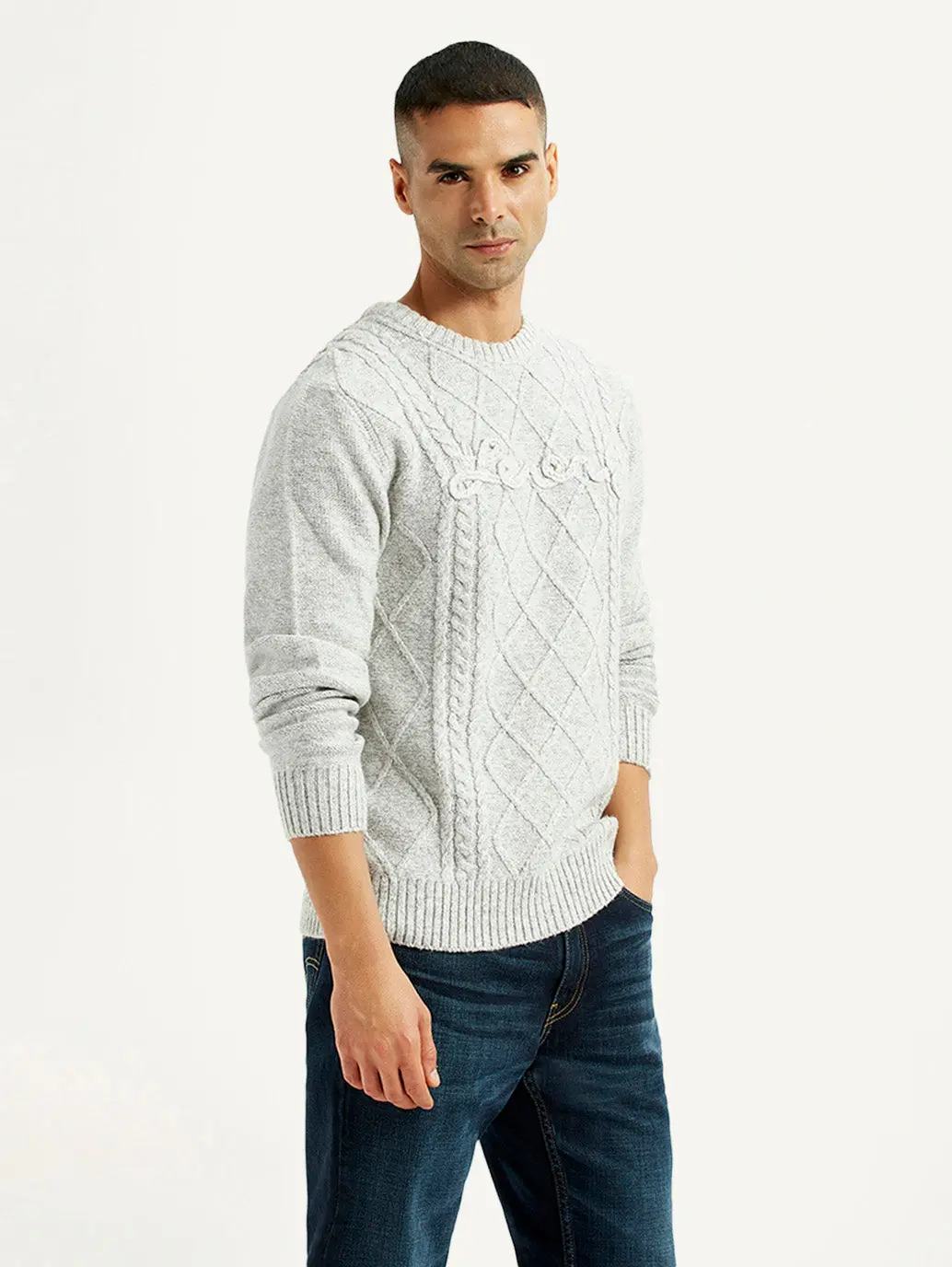 Men's Jacquard Light Grey Crew Neck Sweater 4