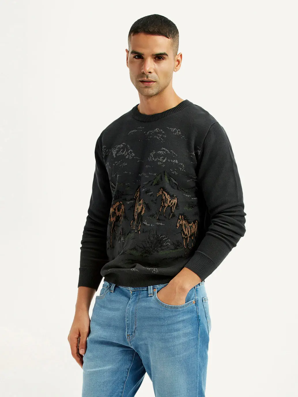 Men's Graphic Black Crew Neck Sweater 1