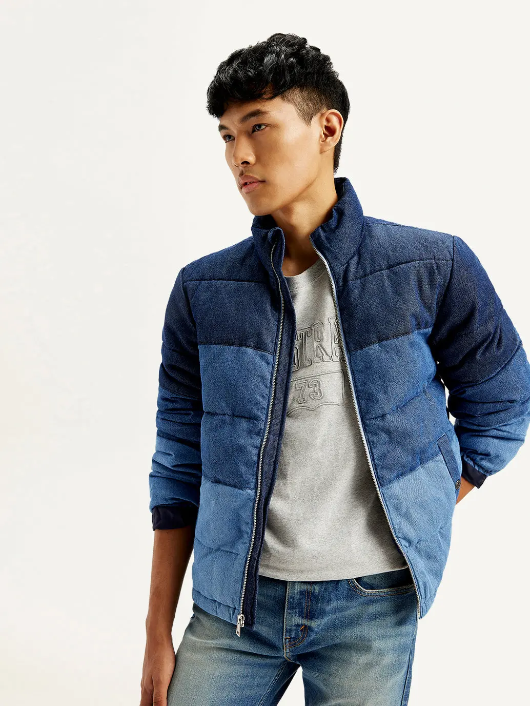 Men's Colorblock Blue High Neck Puffer Jacket 1