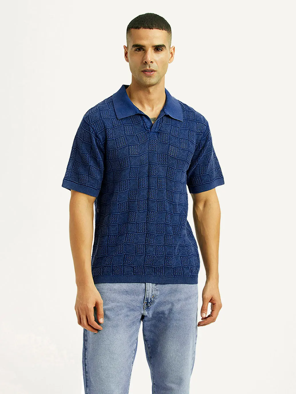 Men's Self Design Blue Loose Fit Polo T-Shirt 1