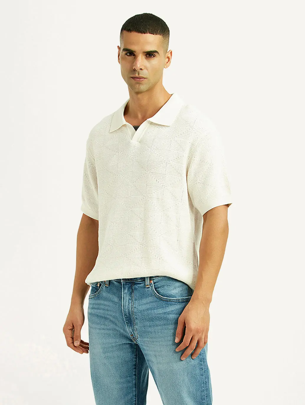 Men's Self Design Off White Loose Fit Polo T-Shirt 1