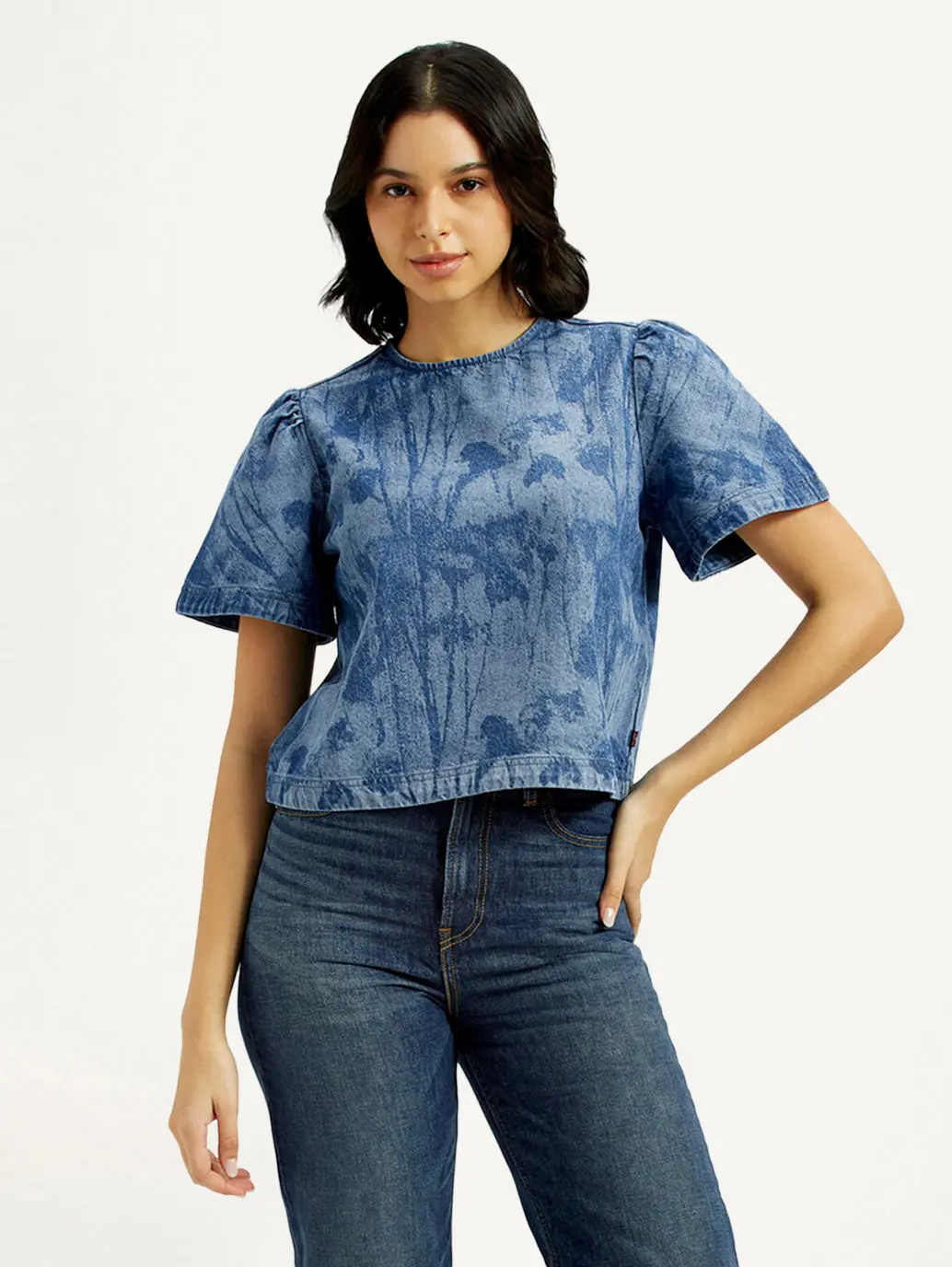Women's Printed Round Neck Denim Top 1