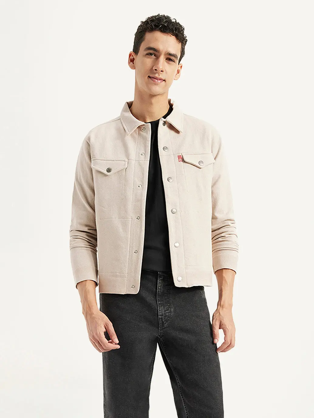 Men's Solid Beige Spread Collar Jacket 1