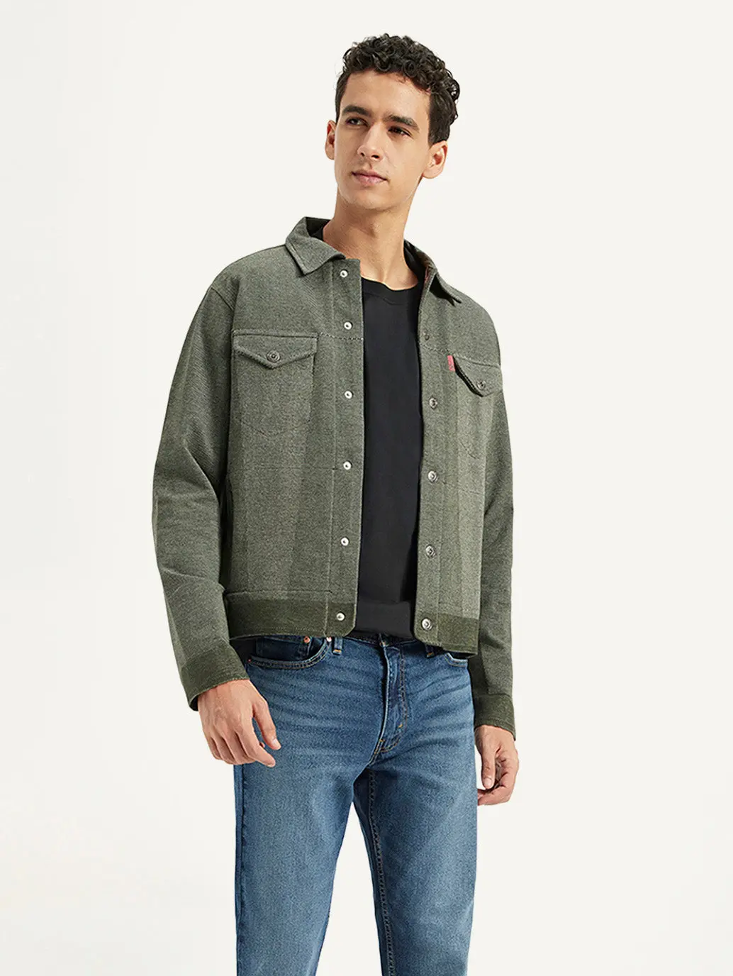 Men's Solid Olive Spread Collar Jacket 1