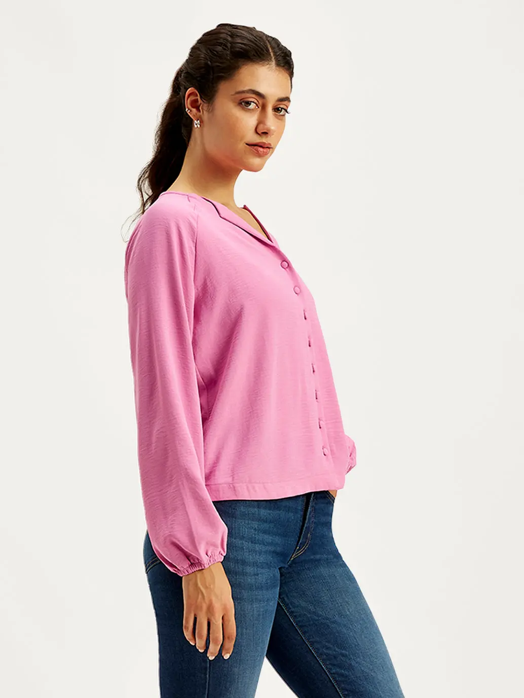 Women's Textured Pink Mock Neck Top 3