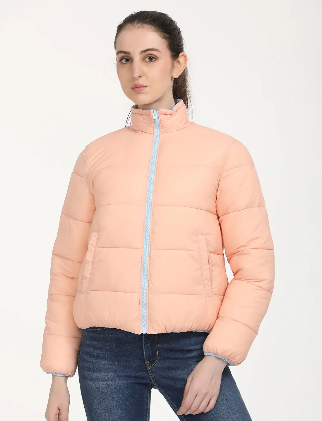 Women's Quilted Peach High Neck Reversible Puffer Jacket 1