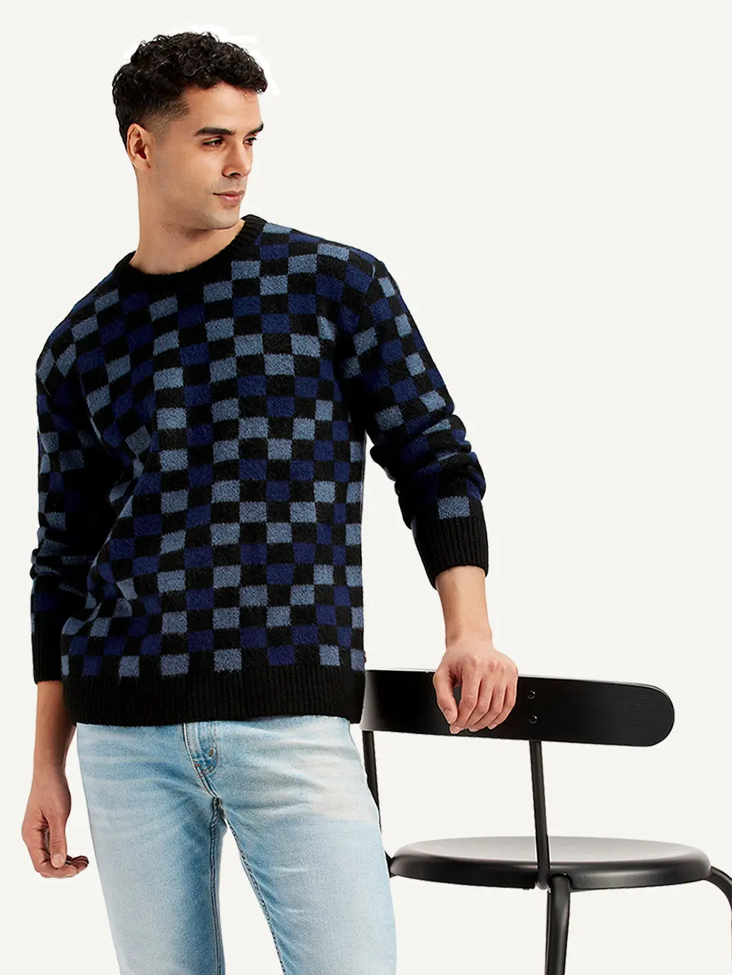 Men's Checkered Black Crew Neck Sweater 1
