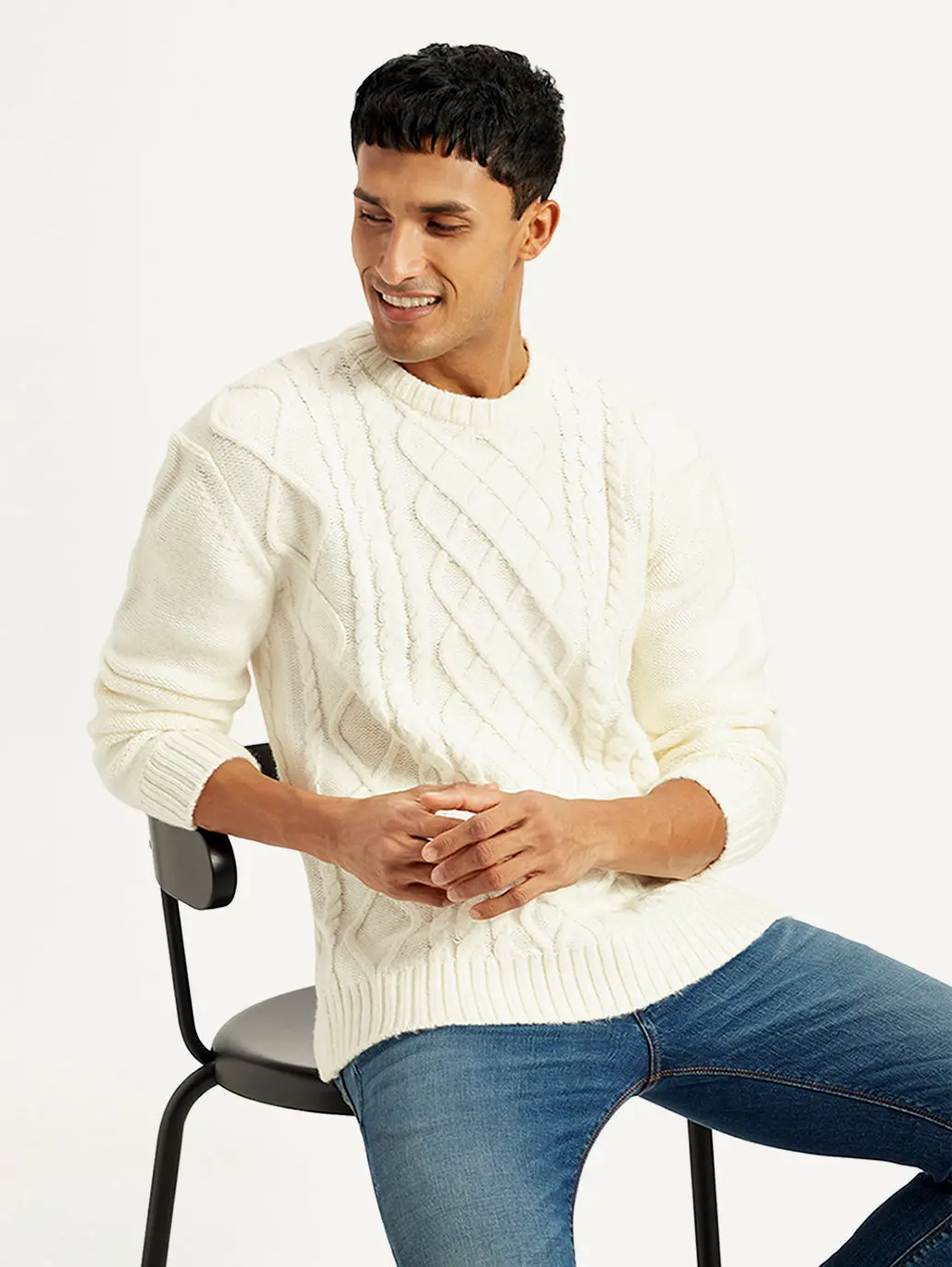 Men's Solid White Crew Neck Sweater 1