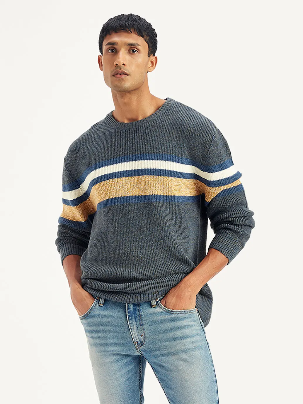 Men's Striped Grey Crew Neck Sweater 1