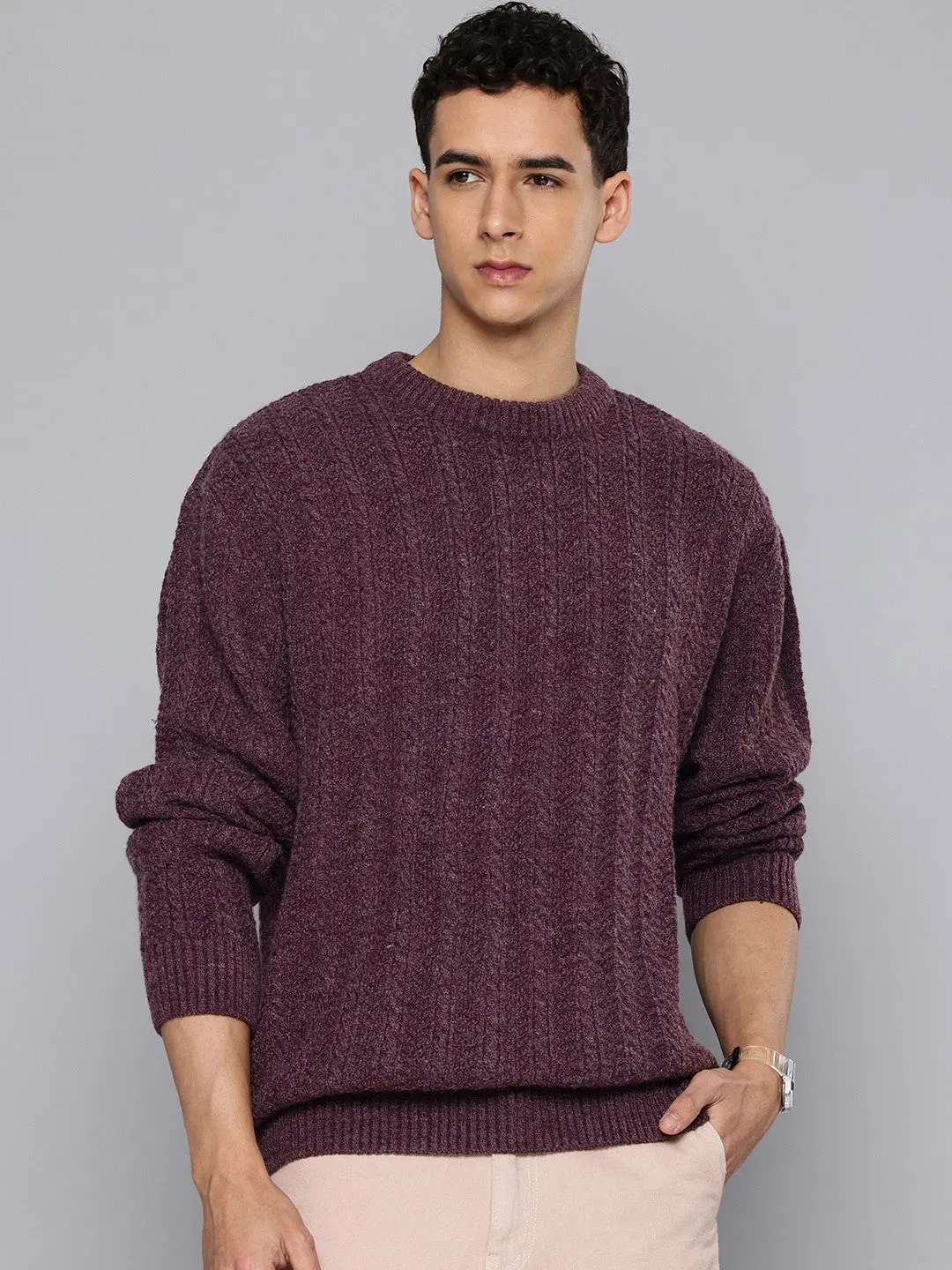 Men's Solid Purple Crew Neck Sweater 1